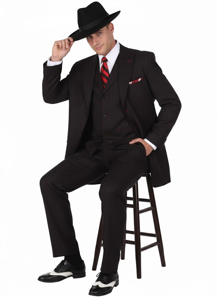 Men's 1920s Black Red Pinstripe Zoot Suit 3-Piece