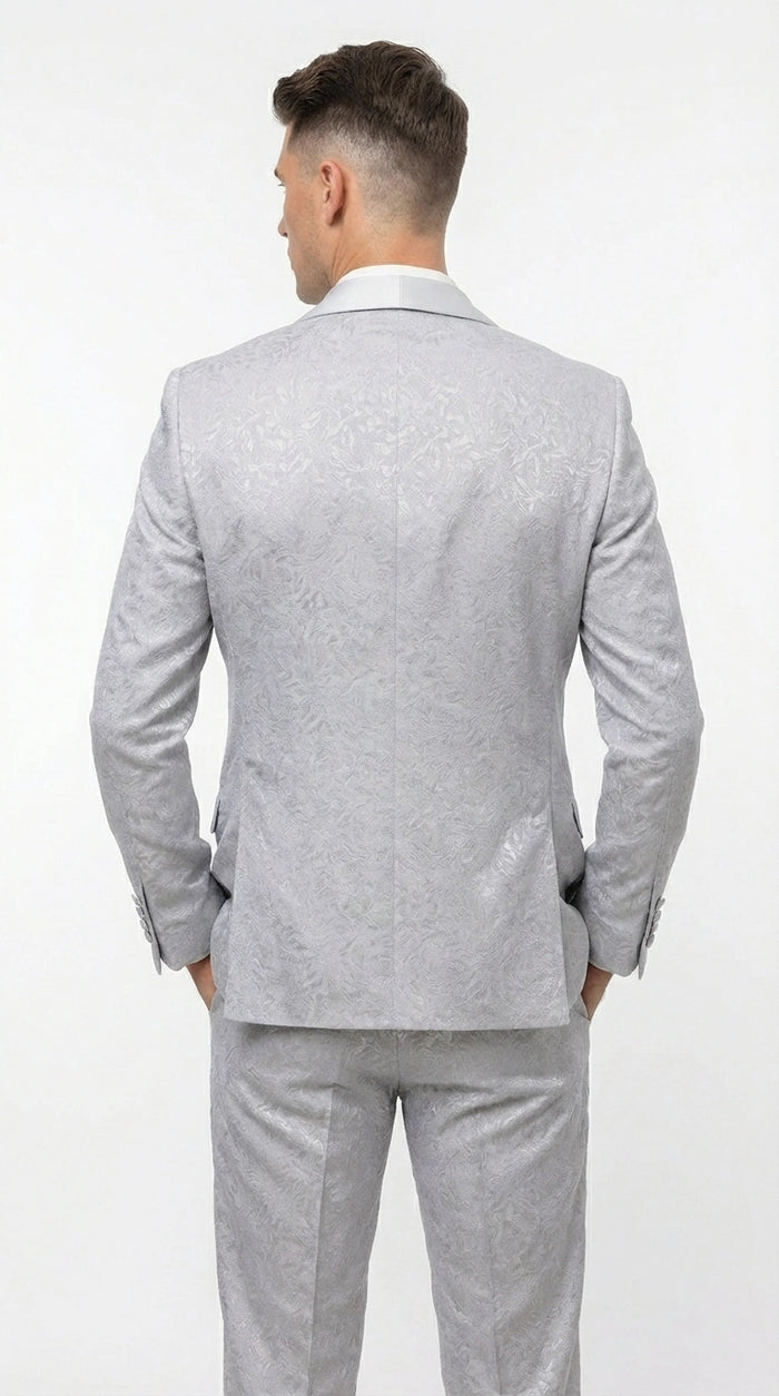 Mens Light Silver Wedding Tuxedo Suit – Paisley Fabric Three Piece Formal Suit Set with Shawl Lapel for Groom, Prom, Gala and ice Grey