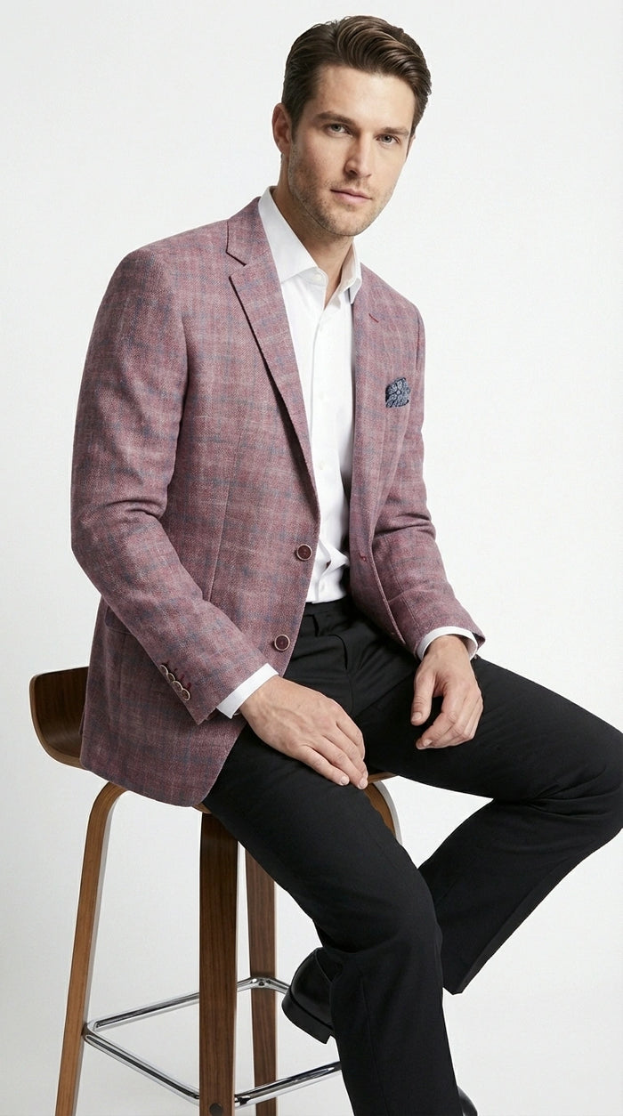 Mens Dusty Rose Mauve Pink with Tint of Blue Plaid Sport Coat Blazer – Classic Check Pattern Casual Blazer Jacket for Business Casual, Wedding