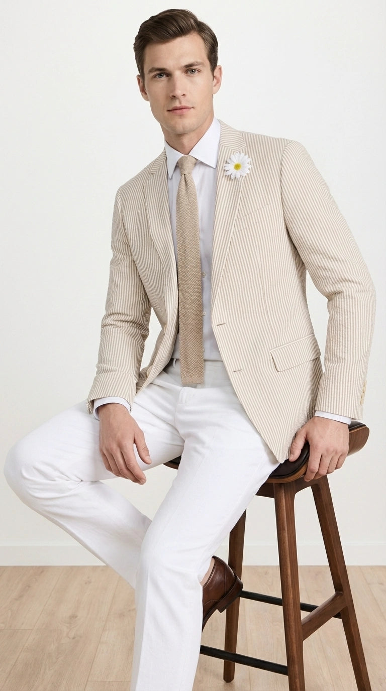 men's casual dress jackets Mens Beige Seersucker Blazer – Lightweight Striped Summer Sport Coat Smart Formal Jacket Beige / 56 Long Color:Navy Blue/Gold short bridal dress Selecting Bridesmaid Dresses in button closure