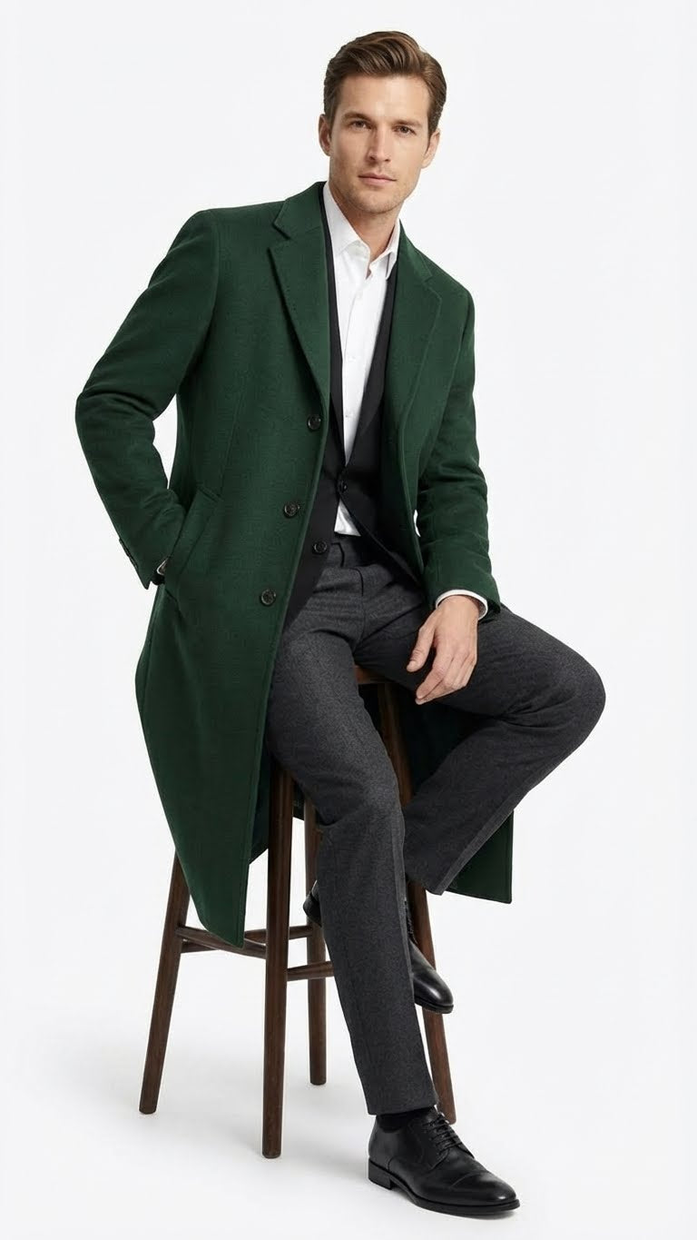 Men’s Hunter Green Full-Length Wool Overcoat – Classic Winter Dress Coat for Formal and Casual Wear Topcoat Mens Wintercoat