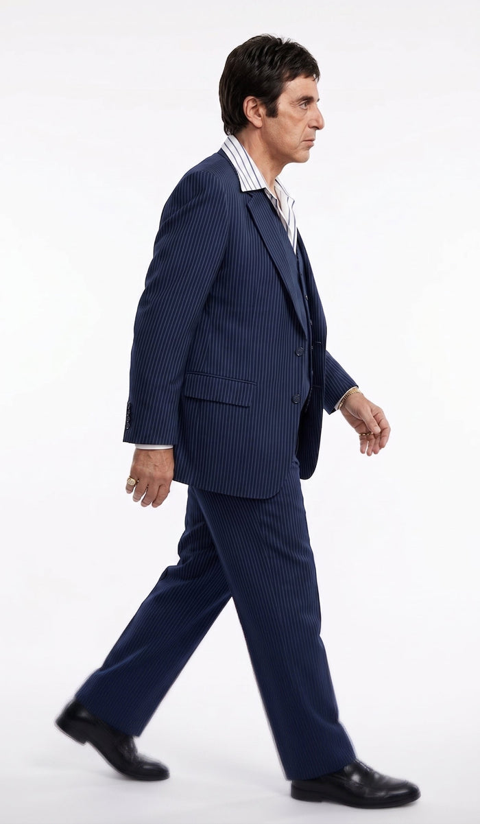 Tony Montana’s Blue Pinstripe 3 Piece Suit – Men’s Vintage Blue Striped Suit for Wedding, Prom and Classic Formal Wear