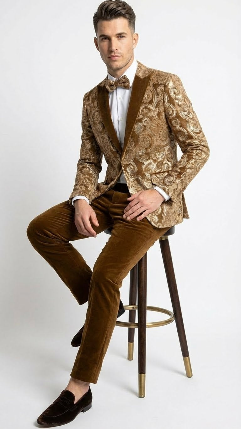 Men’s Goldish Light brown Tuxedo dinner Jacket Embroidered Blazer – Velvet Jacket for Formal Paisley Pattern Coffee Mocca Color