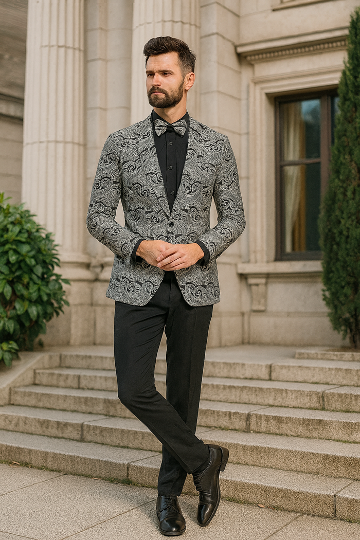 Men’s Black and Silver Paisley Tuxedo Jacket wiith Matching Bow Tie and Black Pants