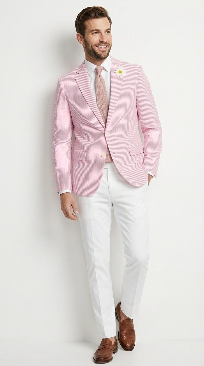 Mens Pink Seersucker Blazer – Lightweight Striped Summer Sport Coat Casual Smart Formal Jacket