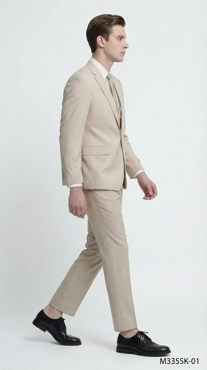 Mens Sand Beige 3 Piece Suit – Double breasted Vest Formal Suit Set  and Dress Pants in Champaign Natural Summer Color