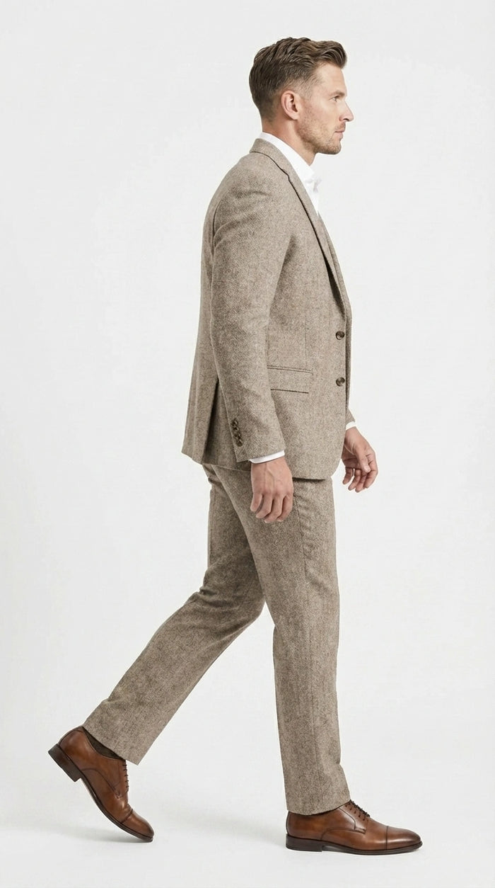 Men’s Light Beige Herringbone Tweed Suit with Vest – Classic Three Piece Formal Suit, Vintage Business Wedding Outfit, Elegant Smart Casual Wear
