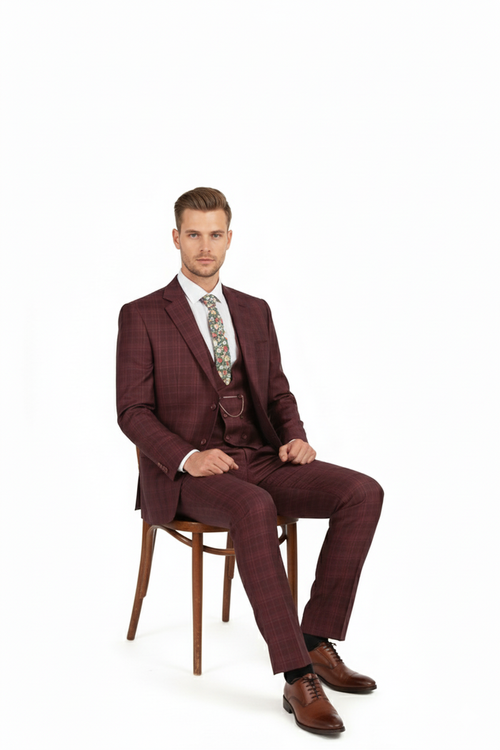 Burgundy Windowpane Classic Fit 3-Piece Suit
