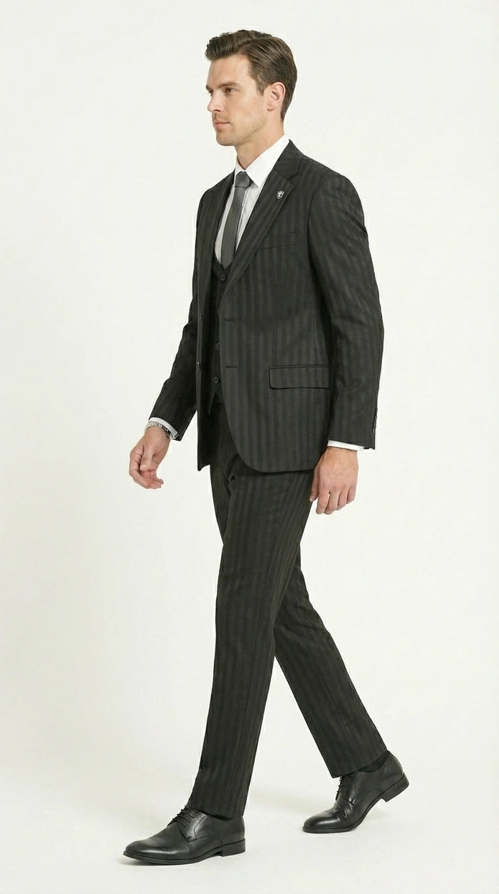 Men’s Black Pinstripe 3 Piece Suit – Vested Formal Business Suit for Wedding, Office, Prom and Party Wear