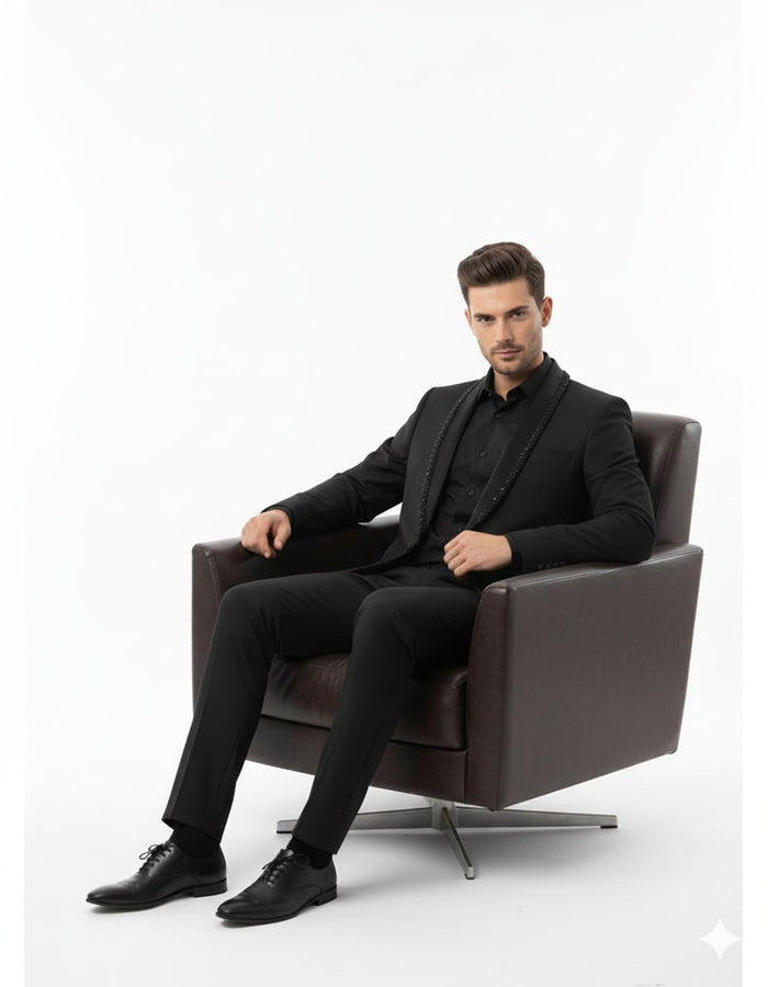 Black Designer Blazer with Beaded Lapel