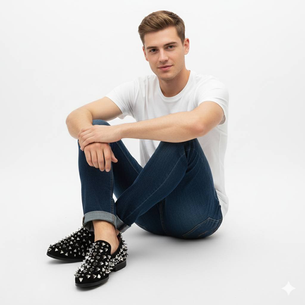 Black Studded Loafers with Silver Spikes
