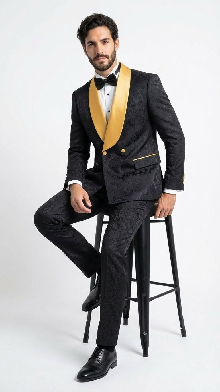 Men's Black and Gold Jacquard Tuxedo Suit – Luxury Slim Fit Formal Wed