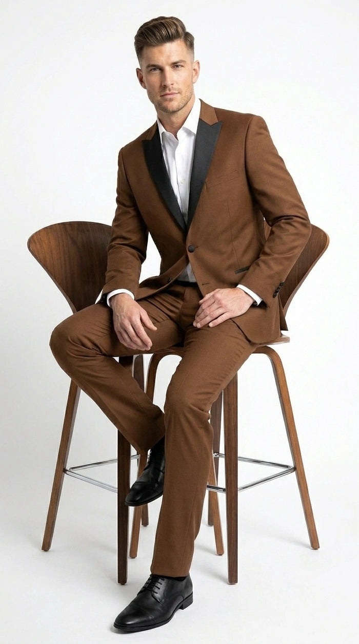 Men’s Light Brown Vested Piece Suit – Elegant Formal Suit with Contrast Lapel for Wedding, Party
