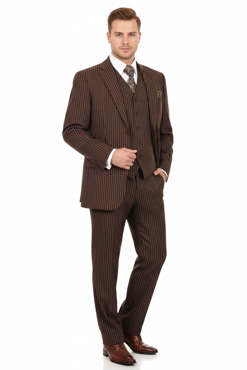 Men’s Brown Pinstripe 3-Piece Suit with Vest
