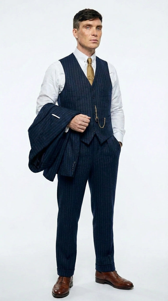 Men’s Navy Blue Pinstripe 3 Piece Suit, Thomas Shelby Inspired Vintage Formal Suit for Weddings, Parties, Prom, and Special Events