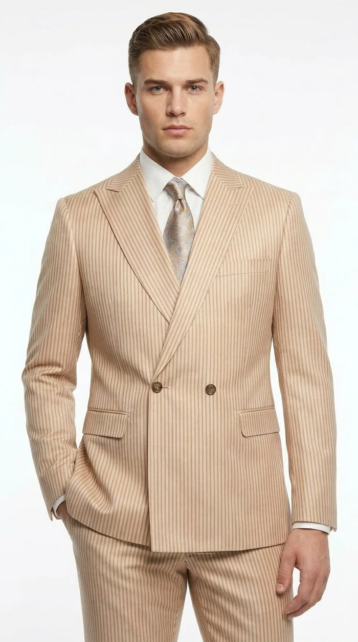 Vitali Men’s Tone on Tone Beige Pinstripe 2 Piece Suit, Double Breasted Summer Dress Suit for Weddings, Tan Beige Shadow Pinstripe