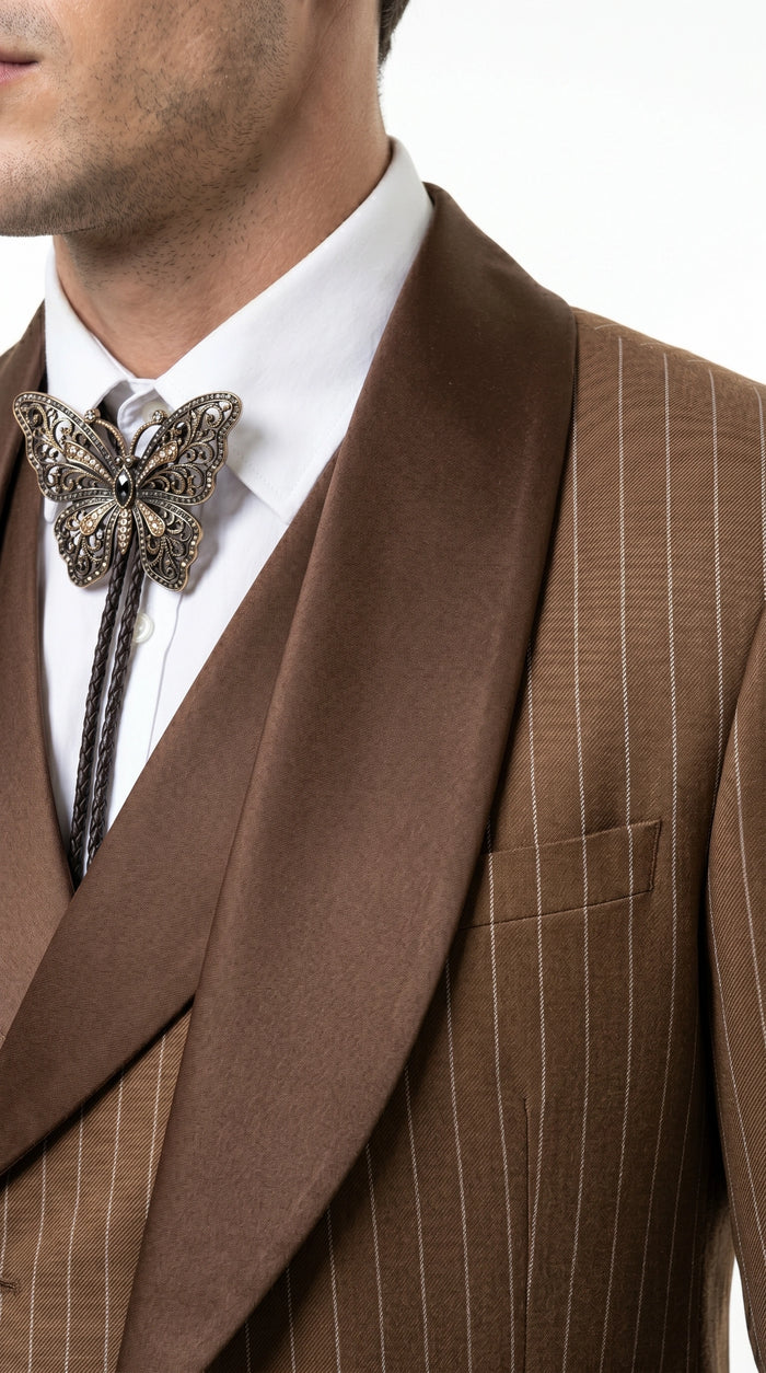Men’s Brown Pinstripe Western Cowboy Tuxedo, Contrast Shawl Lapel Formal Suit for Weddings, Prom, Parties, and Special Occasions