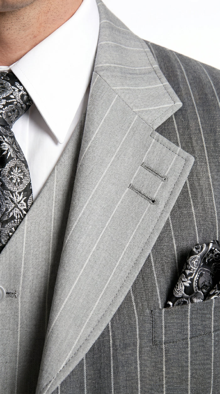 Men’s Grey Pinstripe 1920s Gangster 3 Piece Suit, Contrast Lapel Vintage Formal Suit for Parties, Prom, Weddings, and Theme Events