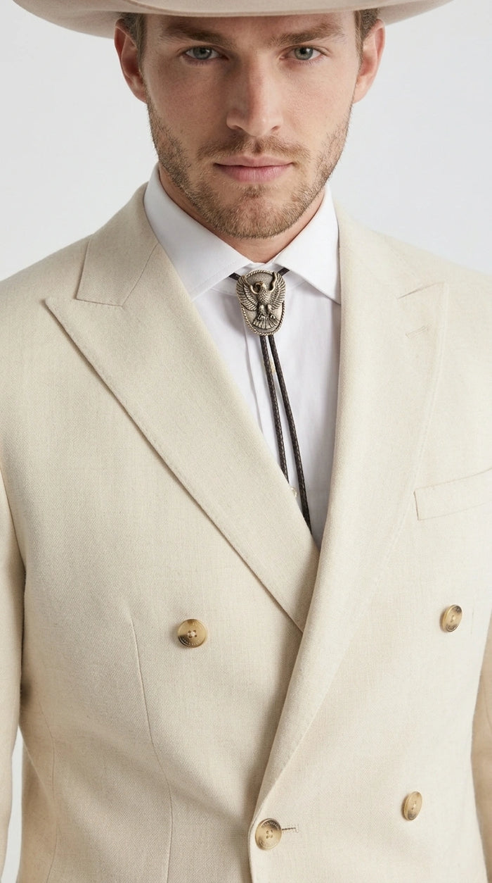 Men’s Tan Linen Cowboy Suit, Double Breasted Western Wedding Formal Western Suit Country style in Beige Tan Color
