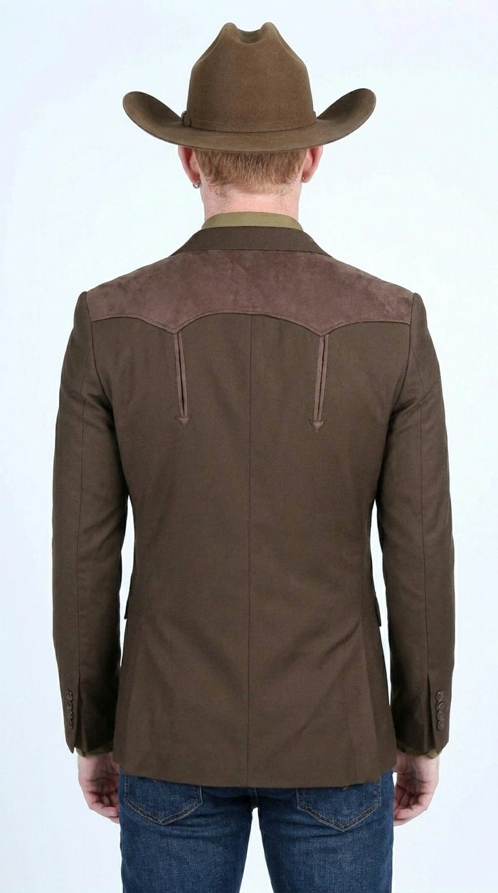 Men’s Dark Brown Western Blazer with Suede Yokes, Cowboy Sport Coat for Ranch Wedding and Country Events