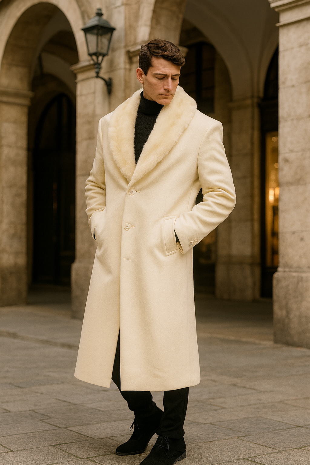 Ivory Full-Length Overcoat with Faux Fur Shawl Collar