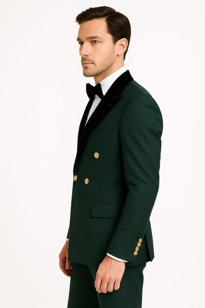 Green Double-Breasted Tuxedo with Velvet Lapel