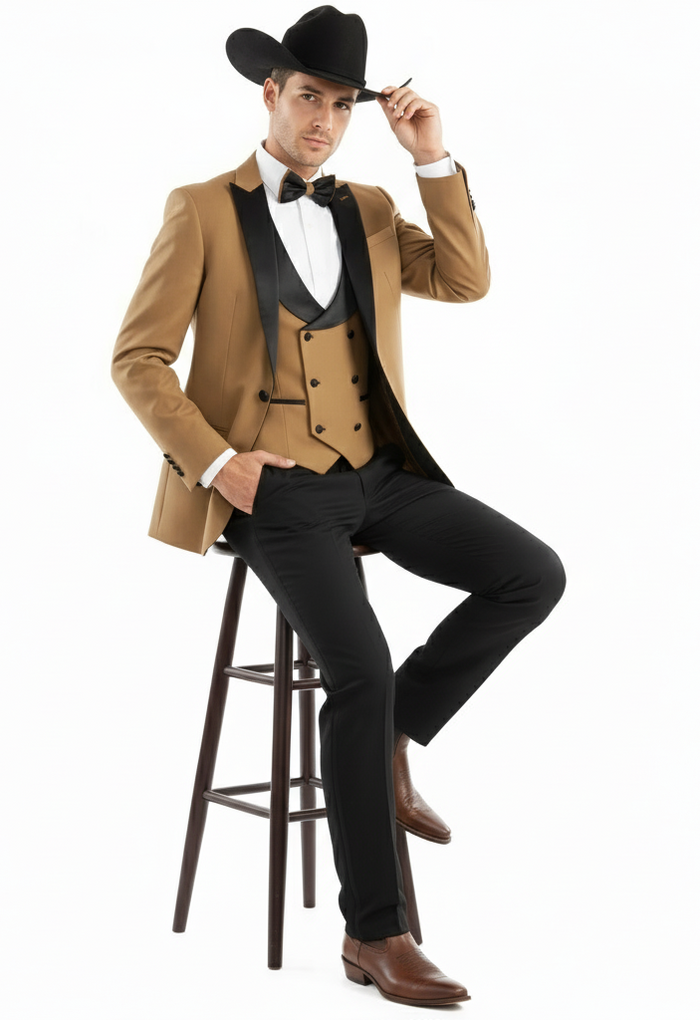 Men’s Western Cowboy Tuxedo – Tan and Black 3-Piece Suit with Satin Lapel and Vest in Mocca Coffee Color