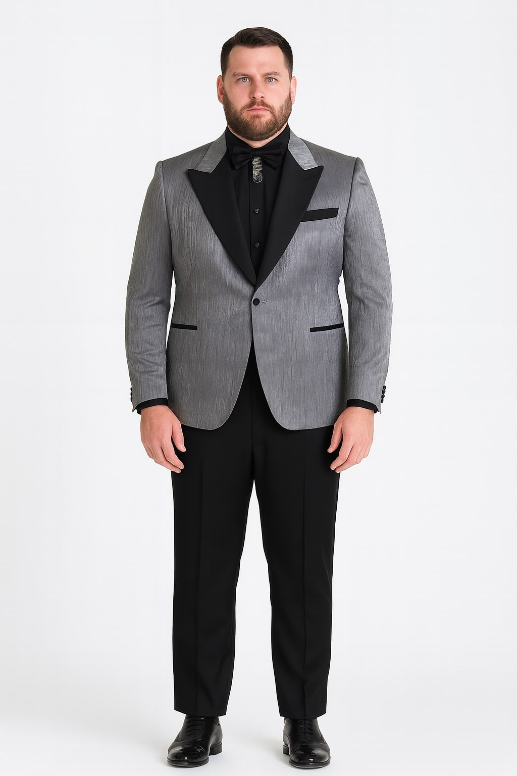 Men's Silver Metallic Tuxedo Suit With Black Satin Peak Lapel – Slim Fit Formal Wedding And Prom 2026 Attire Charcoal Grey Pants 36