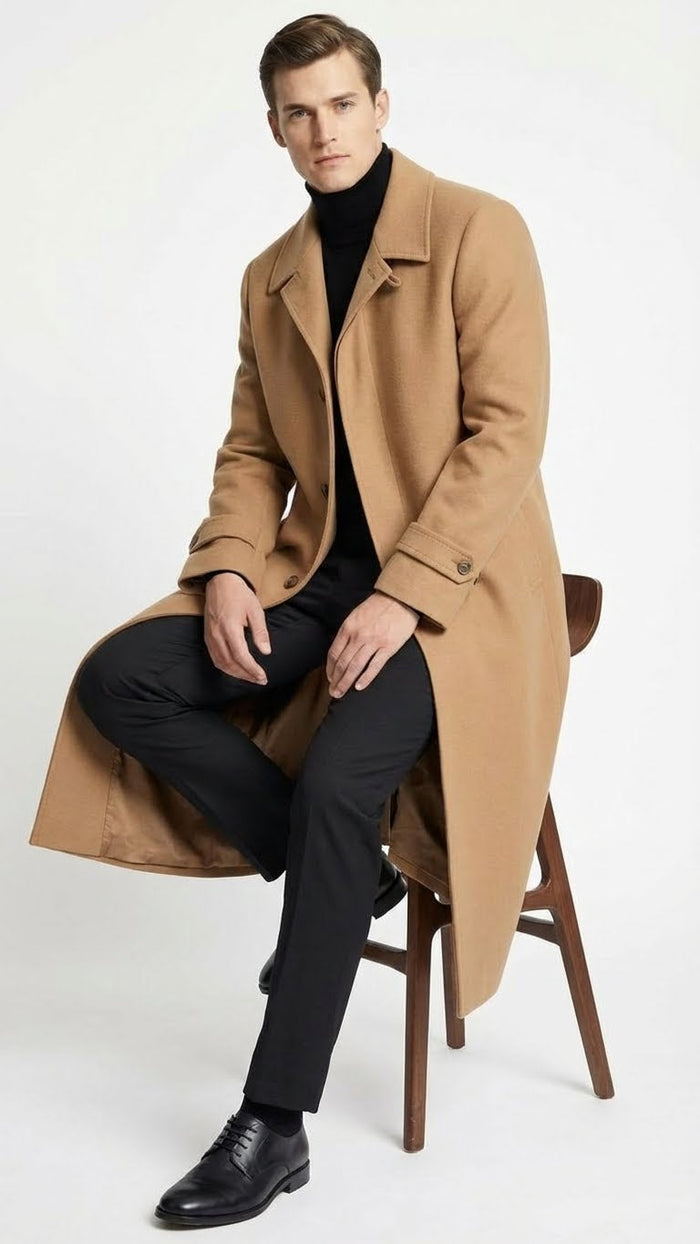 Men’s Full-Length Camel Overcoat – Classic Long Microfiber-Blend Coat for Winter and Formal Wear Maxi Duster Coat