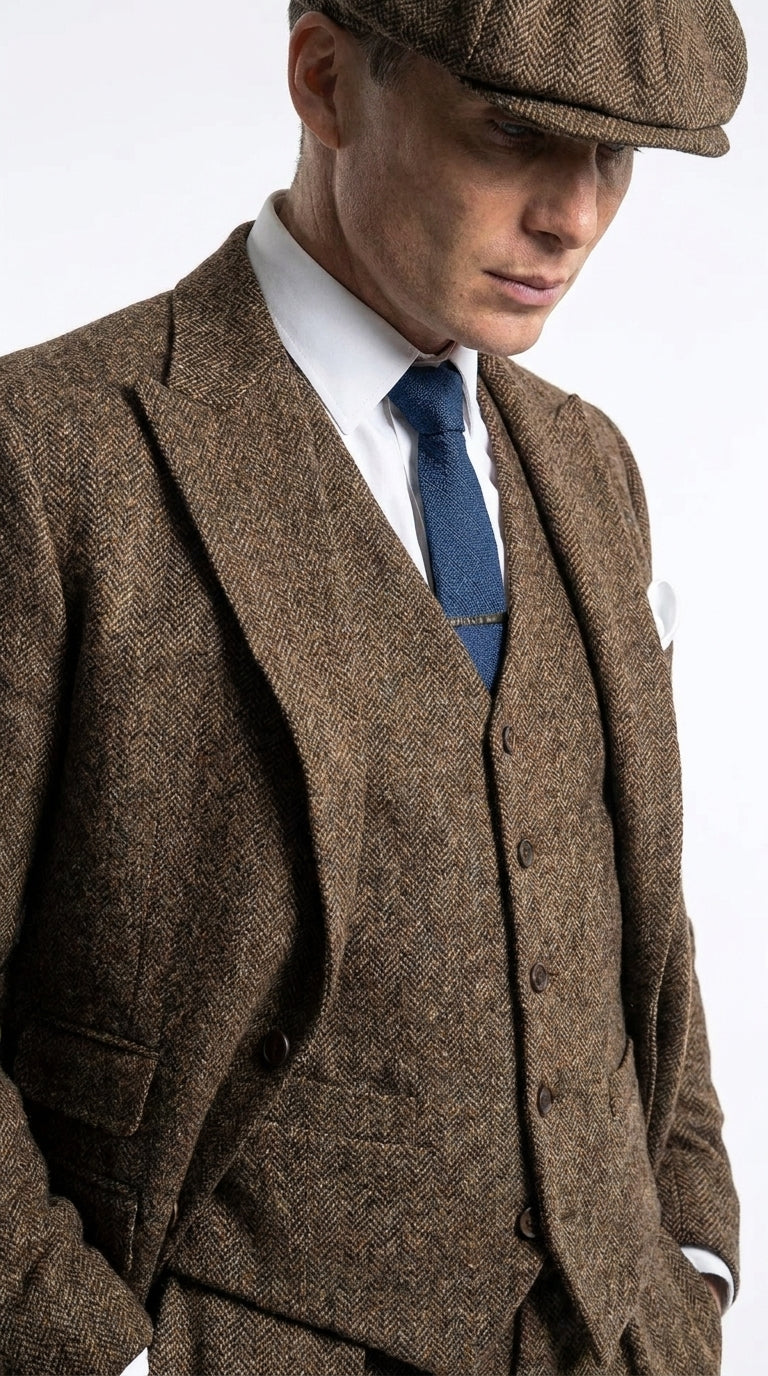 Men’s Thomas Shelby Inspired Brown Herringbone Tweed 3 Piece Suit – Peaky Blinders 1920s Vintage Suit