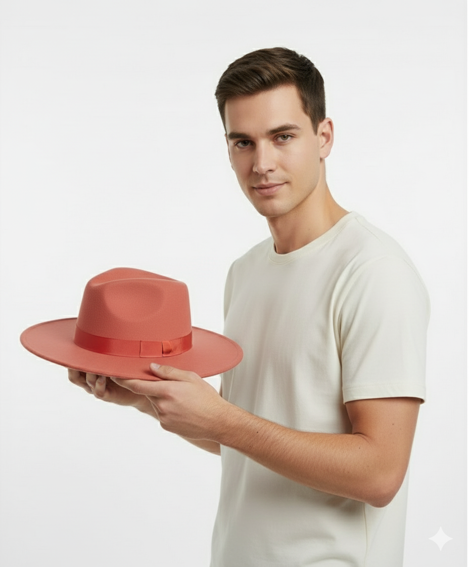 Coral Pink Wool Felt Fedora with Red Ribbon