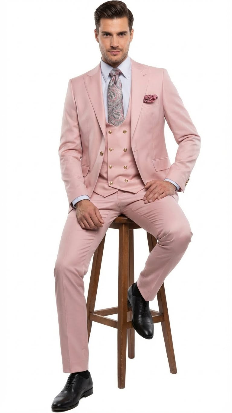 Men’s Blush Pink and Gold Three-Piece Suit – Tailored Fit Formal Wedding, Vested Suit By Rossiman