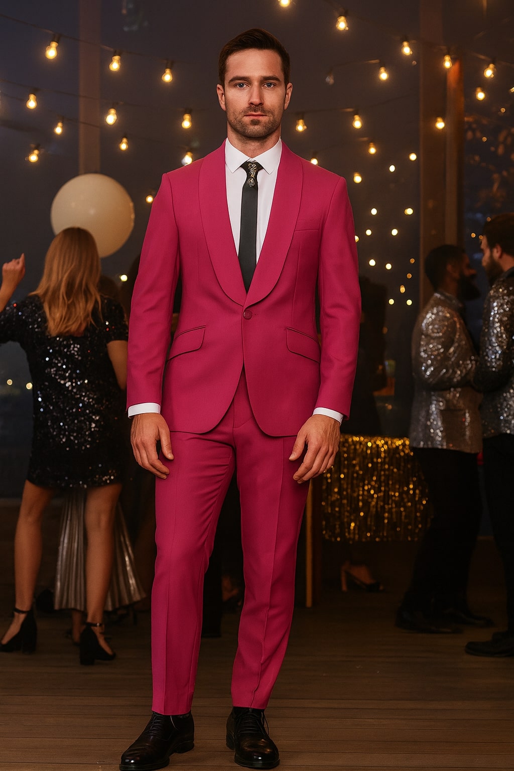 Mens Hot Pink Tuxedo Dinner Jacket + Pants with Shawl Lapel – Slim Fit 2-Piece Suit for Weddings, Proms Suit in Fuchsia Color