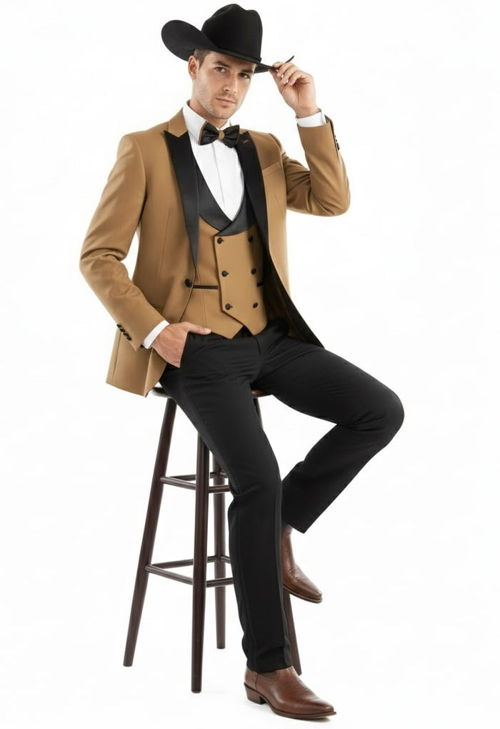 Men's Western Cowboy Tuxedo - 3-Piece Tan & Black Suit