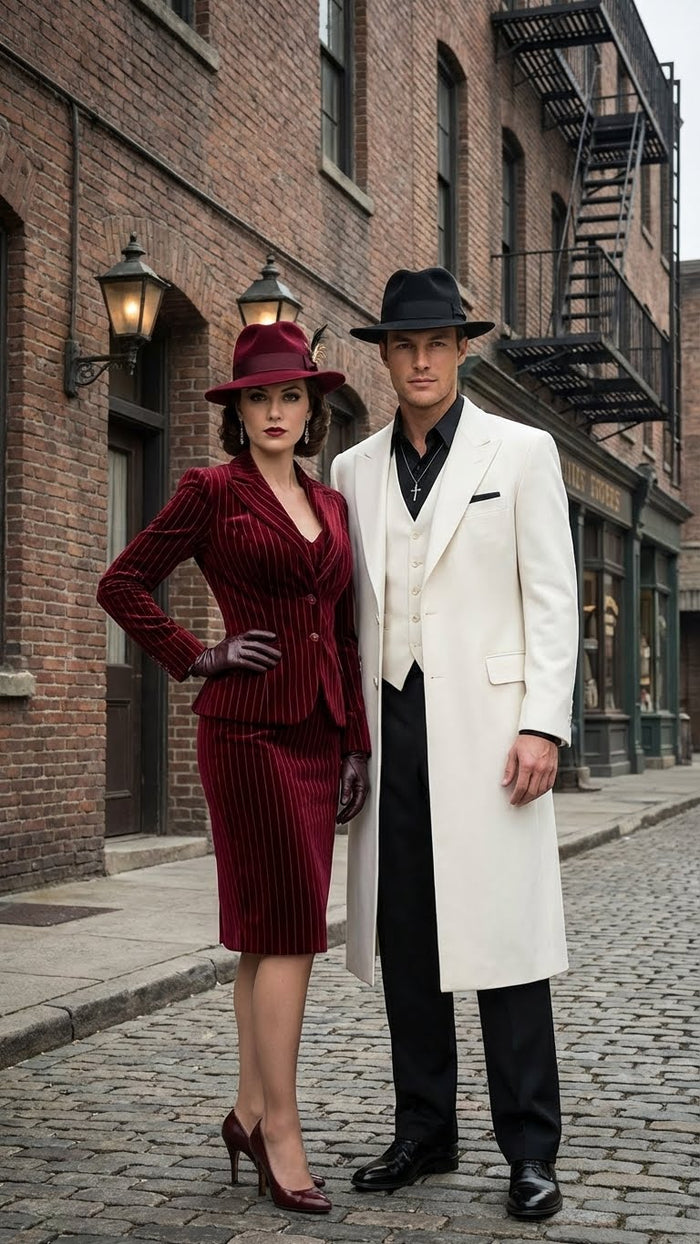 Mens White Long Zoot Suit Costume Set with Black Pants – Wedding, Prom and Party Outfit 1920s - 1930s Gangster Style