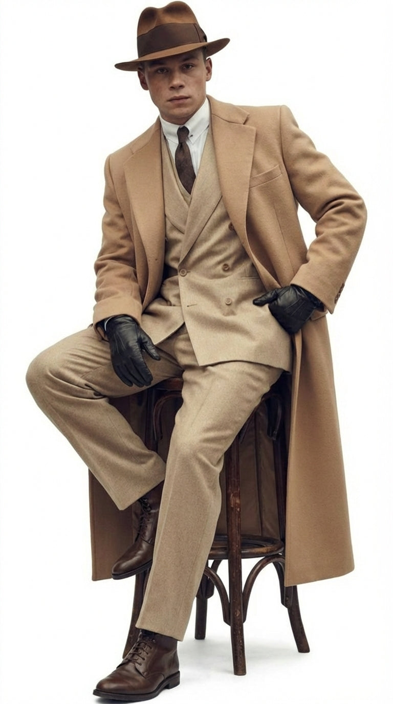 Men’s Cashmere & Wool Camel Beige Long Overcoat – Peaky Blinders Style Vintage Formal Coat + Suit + Hat Package