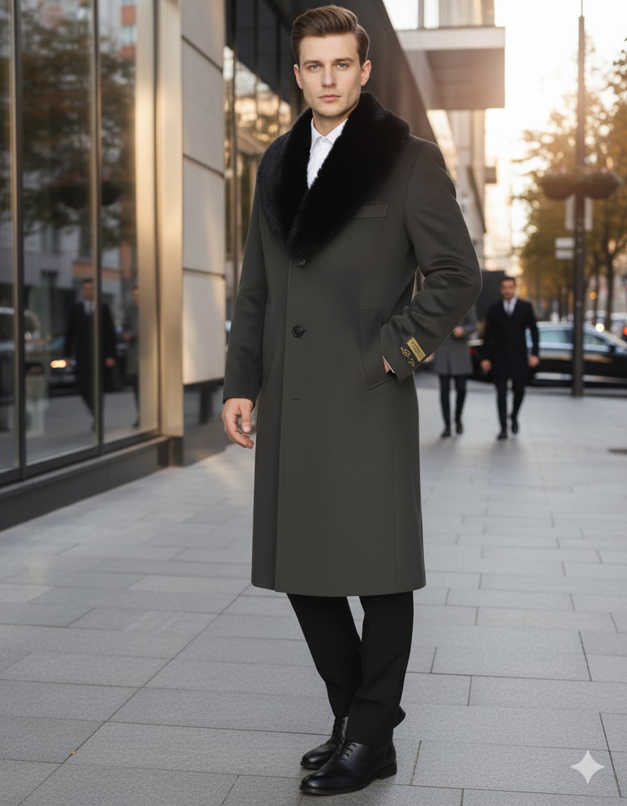 Men’s Olive Overcoat with Black Fur Collar