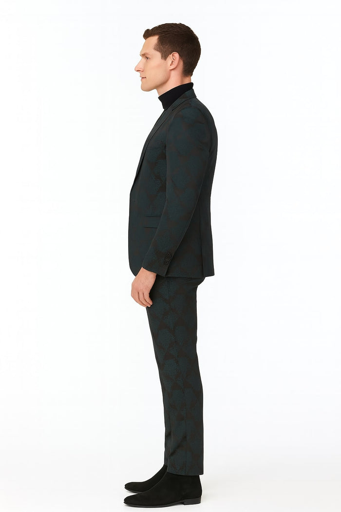 Men’s Emerald Green Floral Jacquard 3-Piece Tuxedo Suits – Slim Fit Formal Set with Blazer, Vest, and Pants Paisley Fabric - Ultra slim fitted