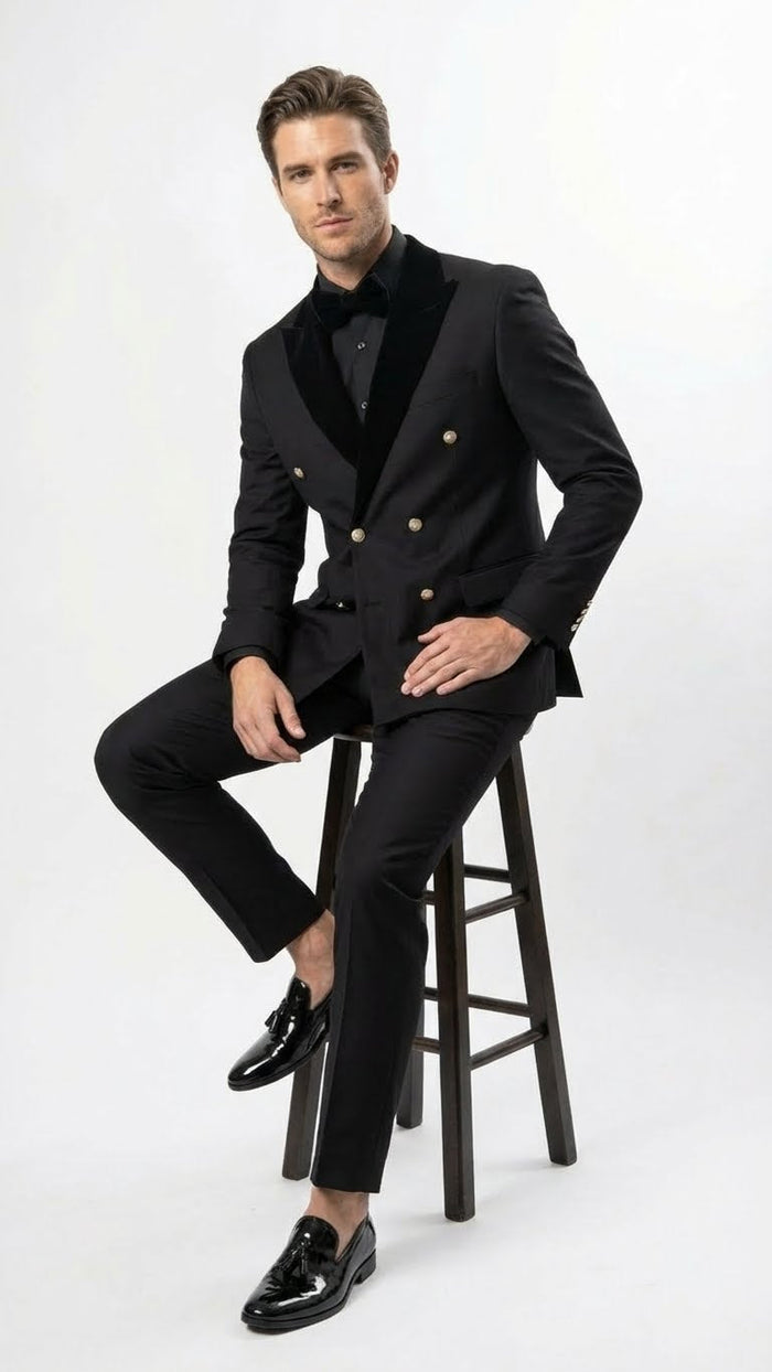 Men’s Black Double Breasted Tuxedo Suit – Luxury Formal Dinner Jacket Gold Buttons Velvet Lapel