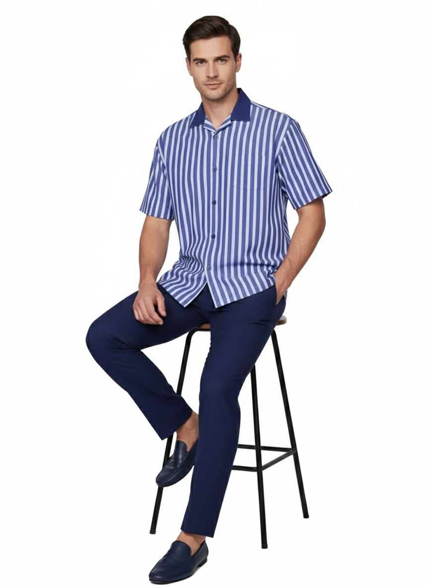 Blue White Stripe Shirt Set Short Sleeve - Summer Two-Piece