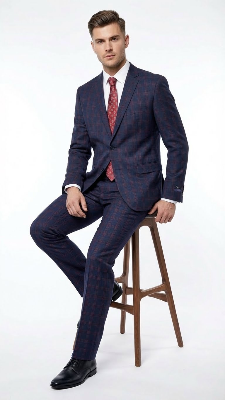 burgundy plaid dress pants Plaid Slim Fit Burgundy Men Pants - Wessi – Wessi main image 1