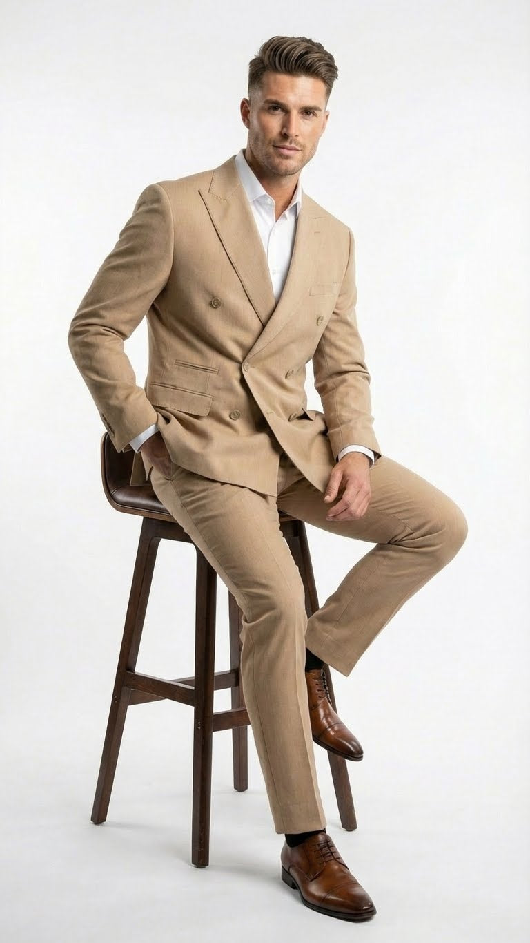Vitali Brand Men’s Beige Double Breasted Suit – Classic Wedding, Prom & Party Wear Formal Outfit Khaki Camel Color Beige / 42 Long + 36 Waist(Adjust 2
