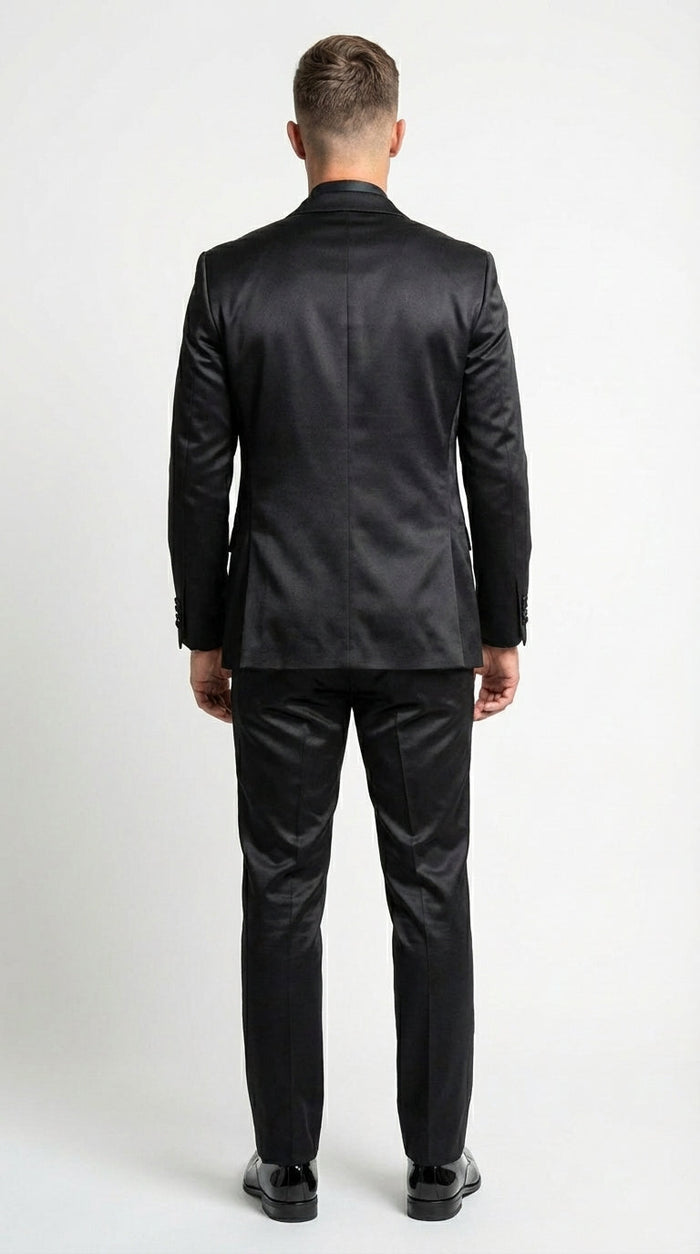 Men’s All Shiny Black Satin Suit – Black Satin Tuxedo Suit for Prom, Wedding, Formal Party and Evening Events Double breasted Vest