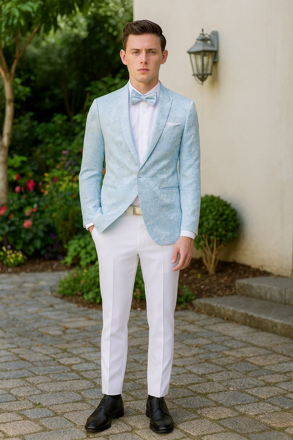 Mens Light Blue Paisley Tuxedo Jacket with Matching Bow Tie – Slim Fit Blazer for Weddings, Prom, and Formal Events