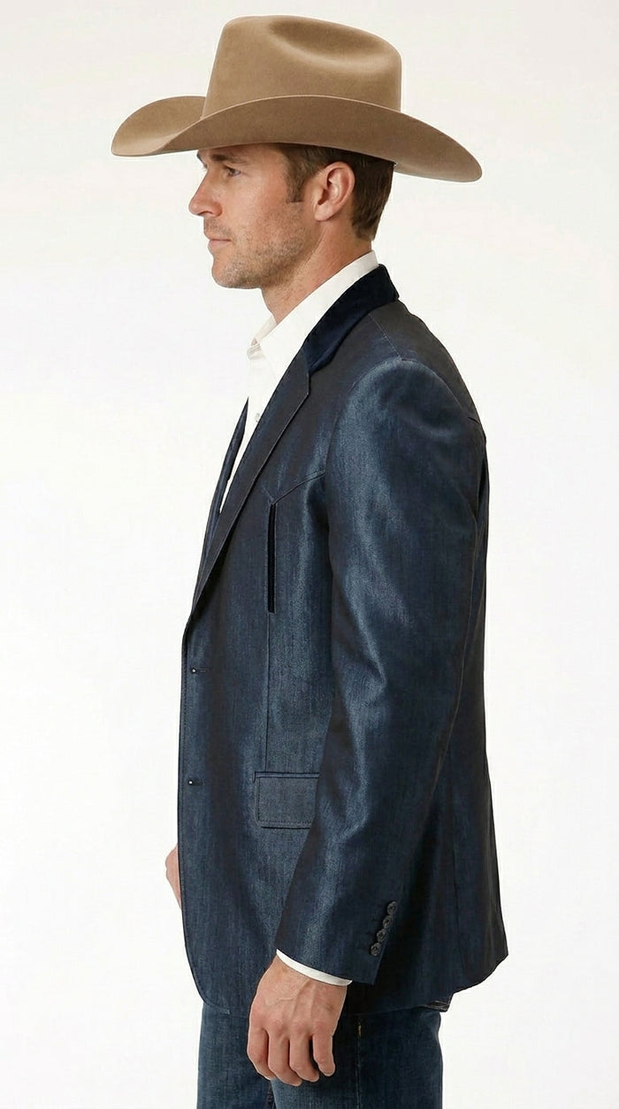 Men’s Sapphire Indigo Western Cowboy Blazer – Classic Western Style Jacket, Country Casual Dress Blazer in Navy Blue with sheen