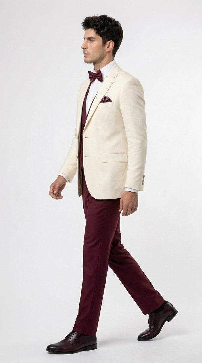 Men’s Cream Ivory and Burgundy 3 Piece Tuxedo Suit, Vested Formal Wedding Prom Dinner Suit in Cream Off White Color