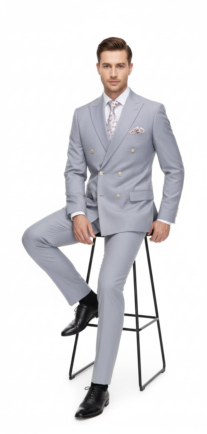 Silver Double-Breasted 3-Piece Suit - Tailored Fit