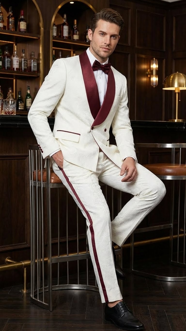 fitted lace wedding dress Men's Ivory and Burgundy Jacquard Tuxedo Suit – Luxury Slim Fit 3-Piec