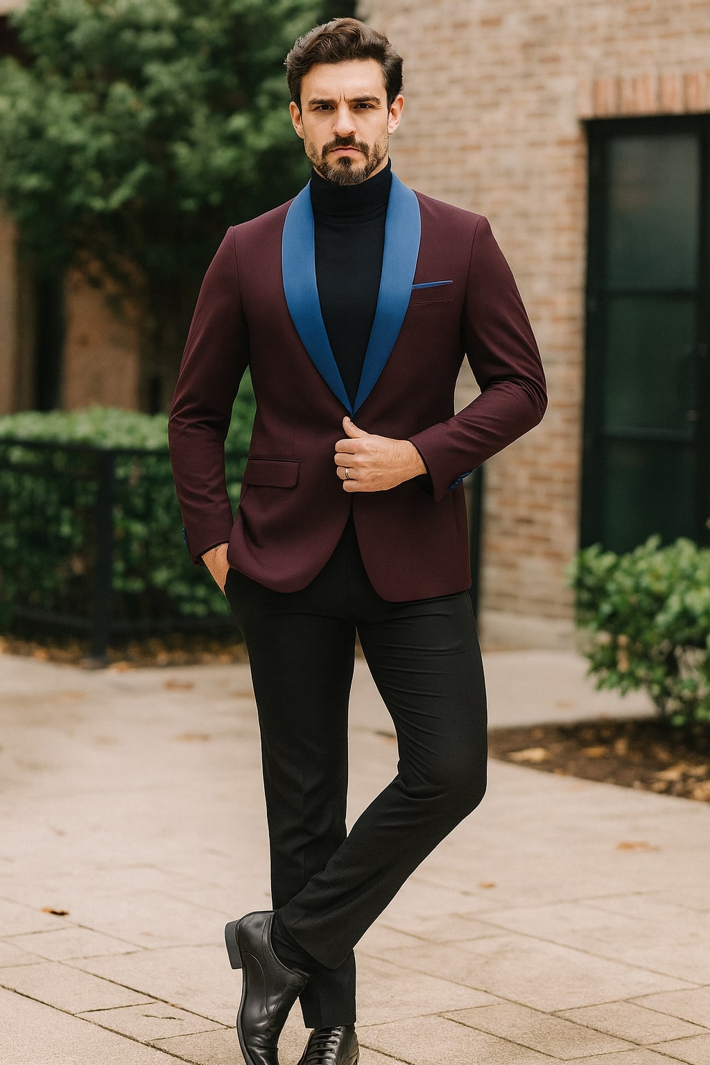 Mens Burgundy Tuxedo Dinner Jacket Blazer with Blue Satin Shawl Lapel  Wedding and Party Jacket