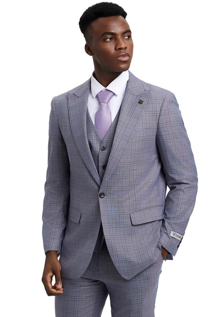 Stacy Adams Light Grey Windowpane Plaid 3-Piece Suit